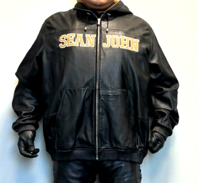 Sean John Black with Beige Stripe All Leather Hoodie Jacket Size