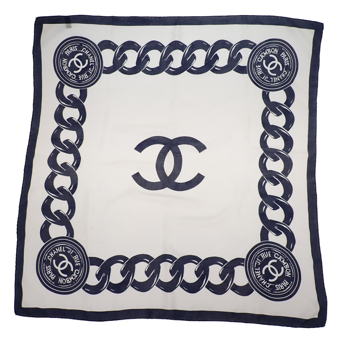 CHANEL Large Scarf Vintage Chain Pattern 100% Silk White x Navy