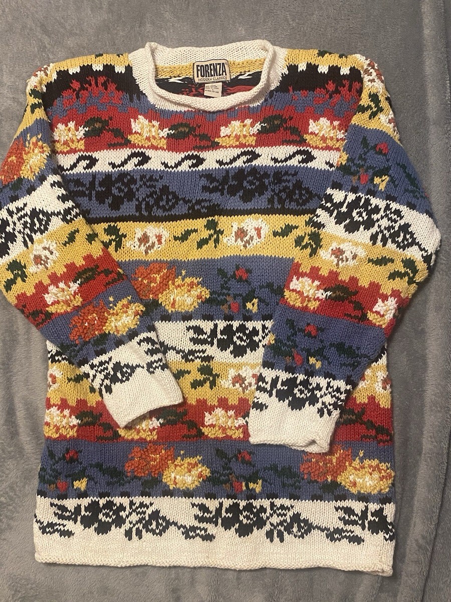 Forenza Vintage 80s Knit Sweater Women's Large Chunky Floral Ramie