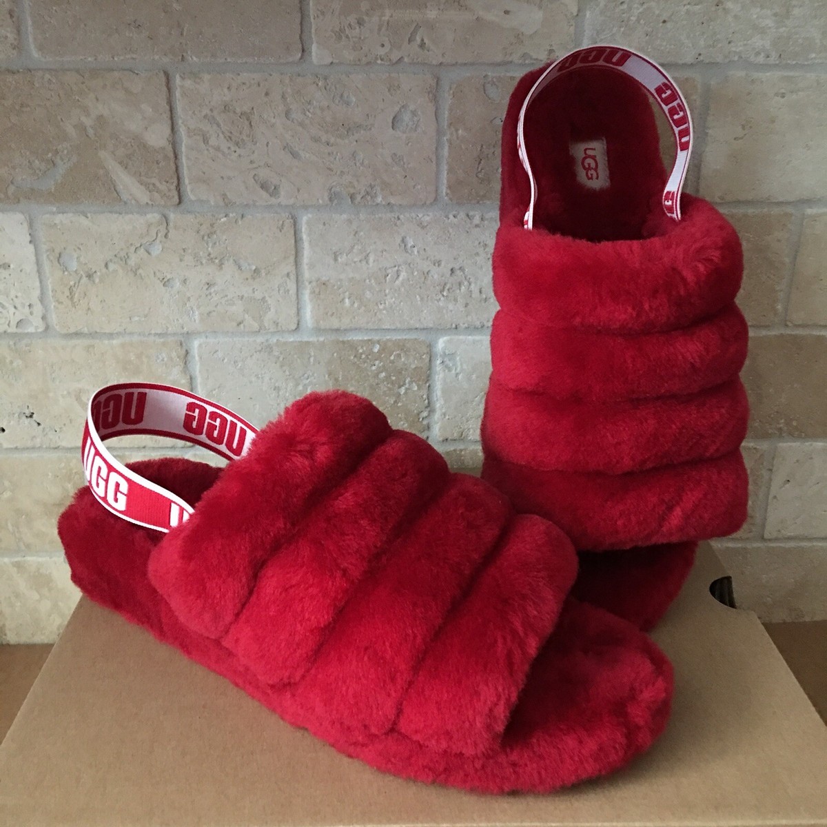 UGG FLUFF YEAH SLIDE RED RIBBON ❤️SLINGBACK SHOES SLIPPERS SIZE