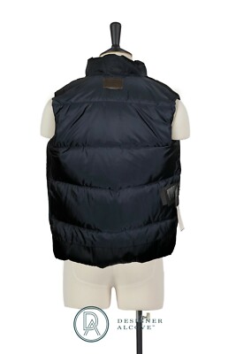 PRADA Men Down Vest Blue Brown Leather Pads Triangle Logo Plate
