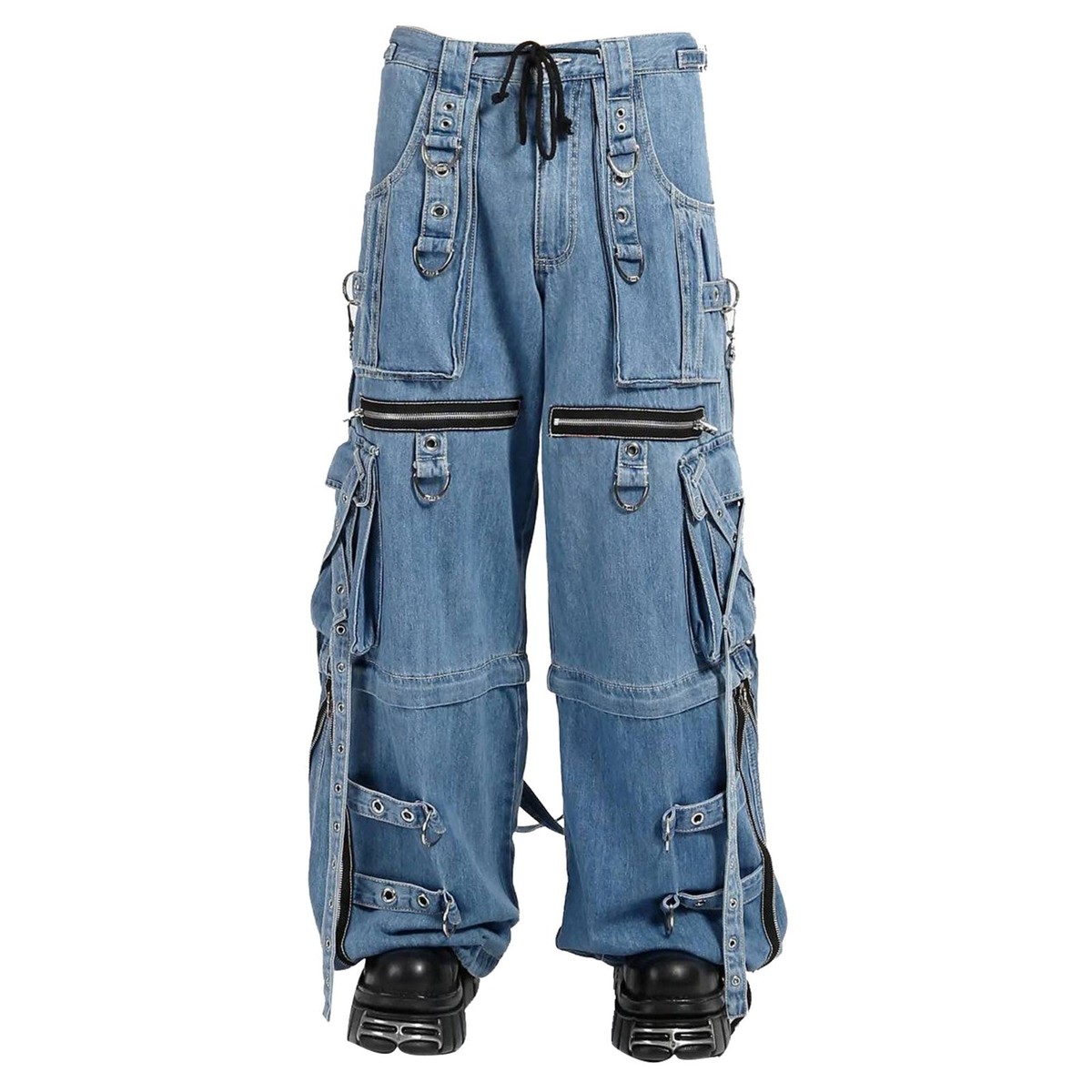 X Strap Denim Pants, Punk Baggy Cargo Jesns With Straps, Wide Leg