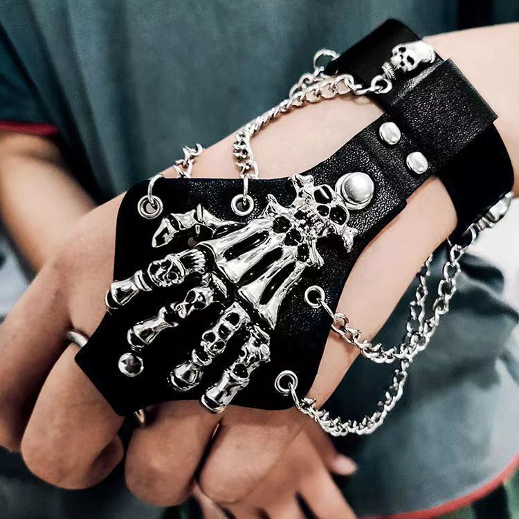 Gothic Skeleton Hand Leather Bracelet w/ Chains Punk Skull Finger
