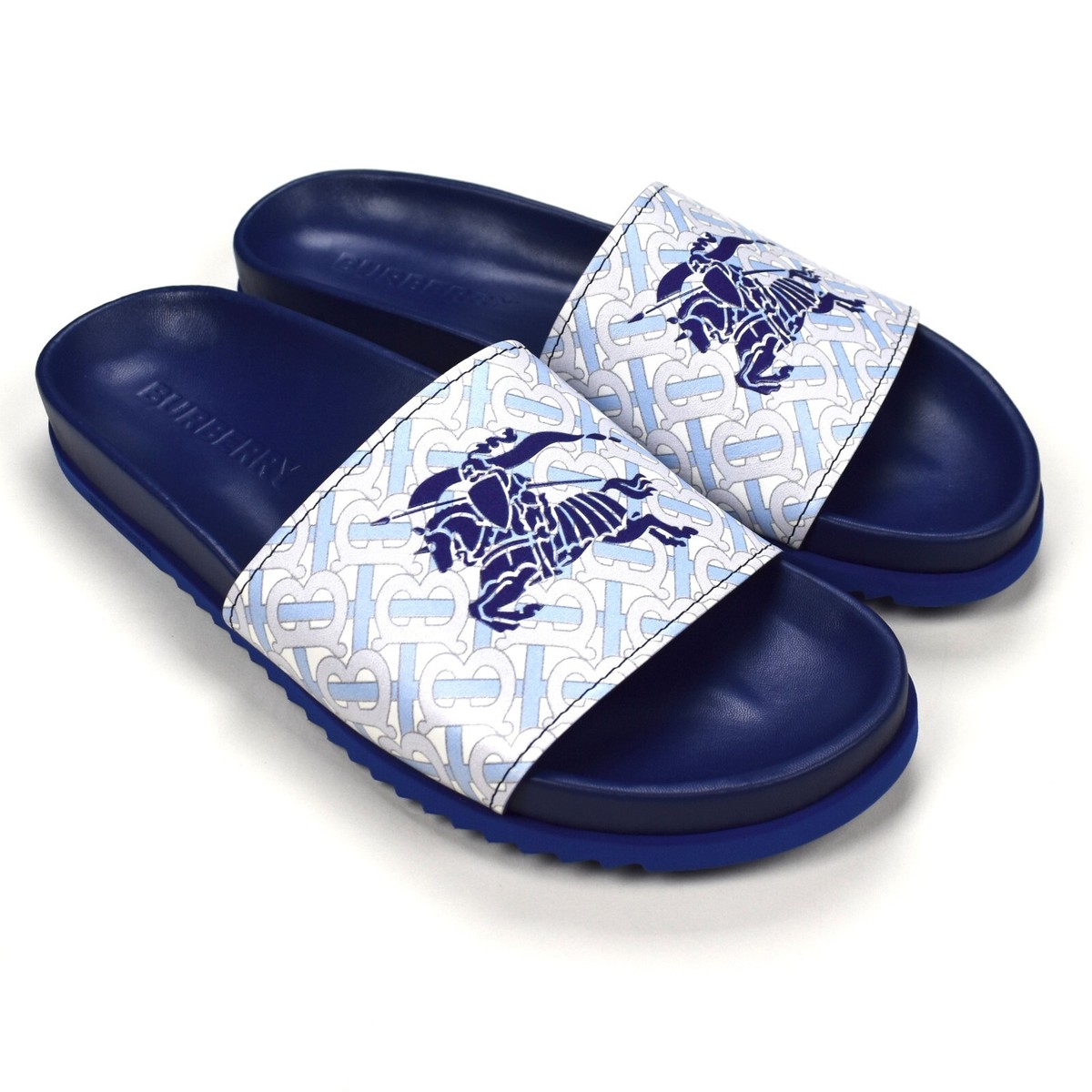 NWT $820 Burberry Blue Monogram Logo Leather Melroy Slides Sandals
