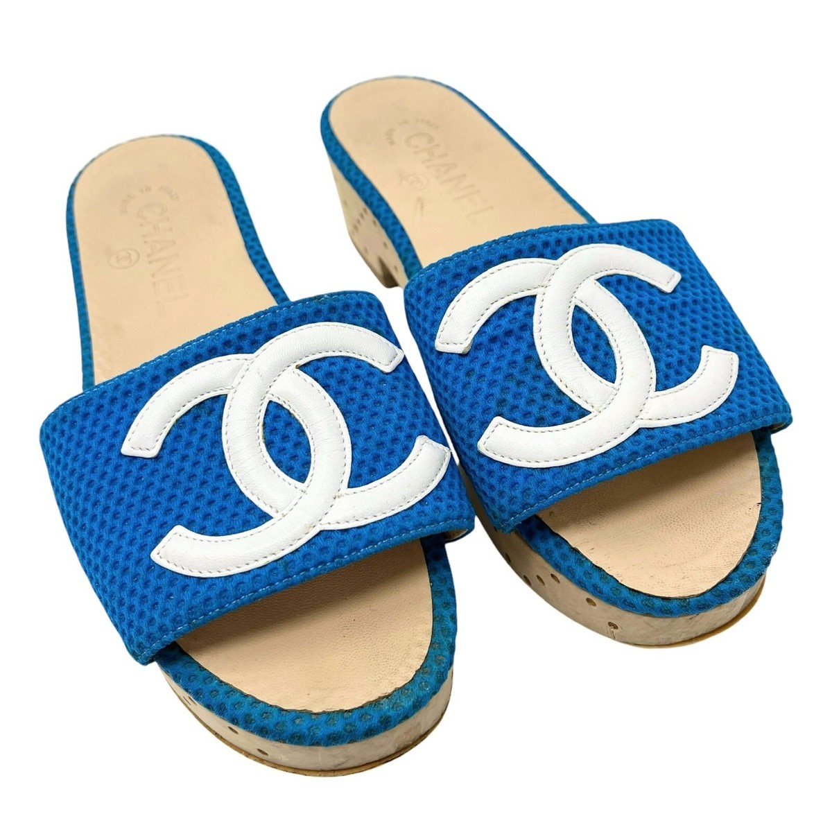 CHANEL Vintage CC Mark Logo Sandals #36.5-37 Mesh Blue White