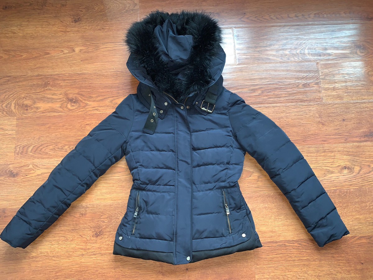 Zara Basic Womens Outerwear Puffer Jacket XS Black Zip Up Faux Fur