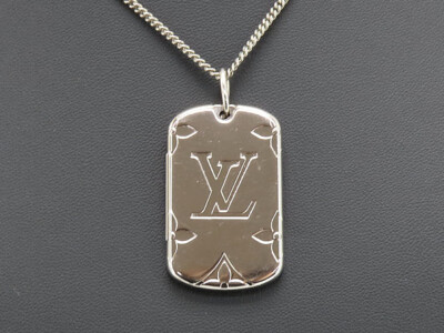 Louis Vuitton Locket Necklace Monogram Dog Tag Pendant Silver