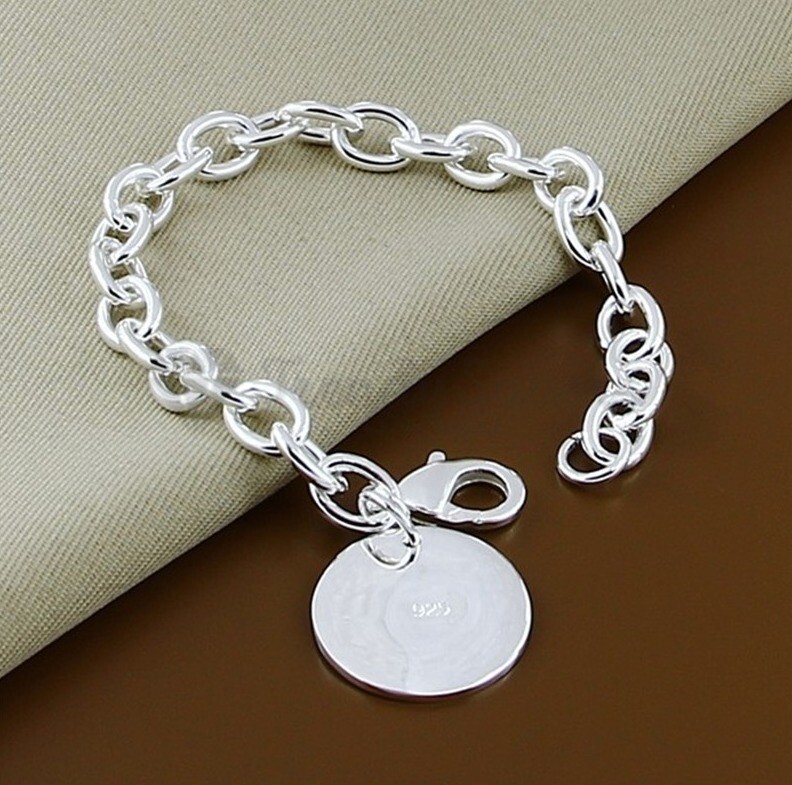 Circle Coin Tag Big Cable Chain 925 Sterling Silver Bangle Charm