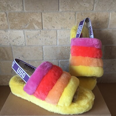 UGG PRIDE RAINBOW FLUFF YEAH SLIDE YELLOW SLIPPER SANDAL SIZE 9