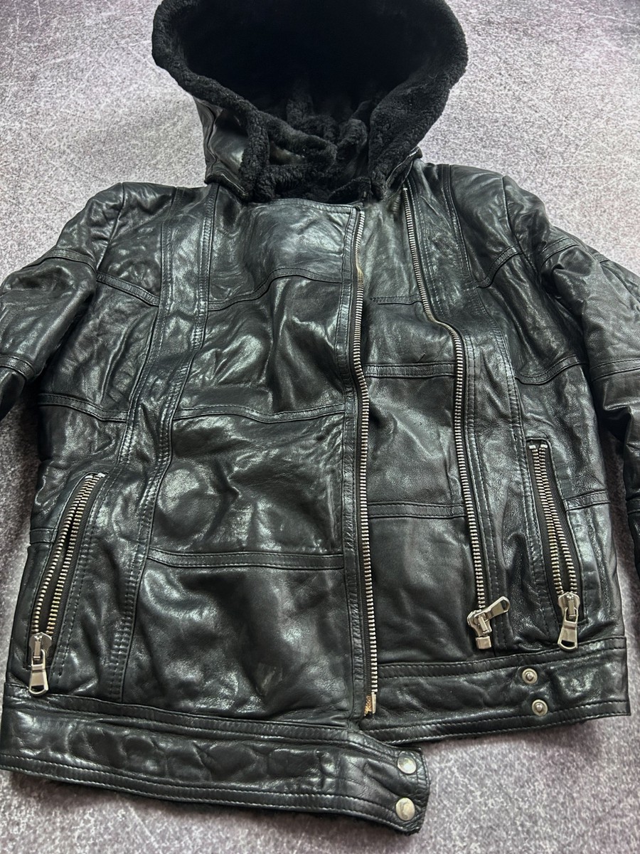 VTG STREETWEAR STYLE OPIUM LEATHER HOOD FUR JACKET 90S Y2K / Size