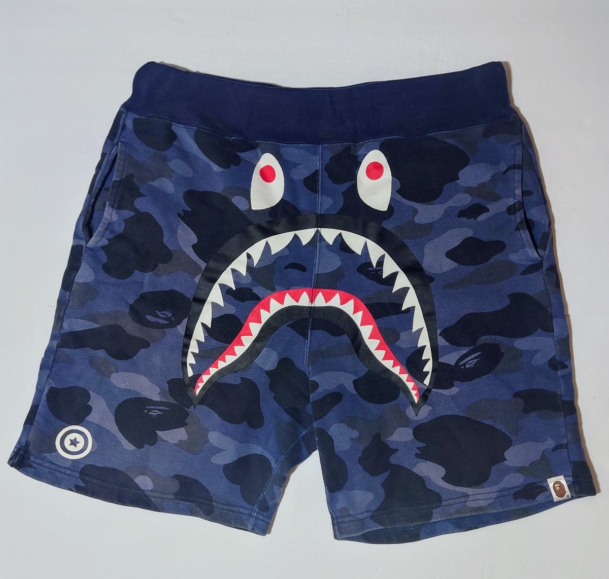 BAPE A Bathing Ape Blue Camo Shark Face Tiger WGM Shorts Size M