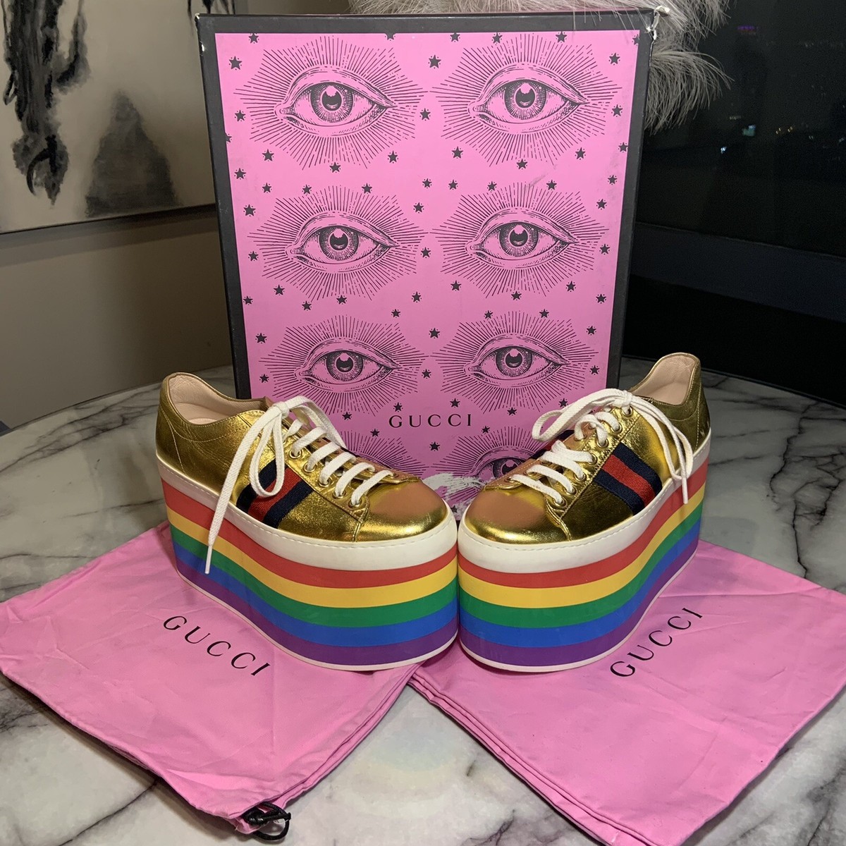 Gucci Women's Peggy Rainbow Platform Sneakers - Size 8-8.5 US
