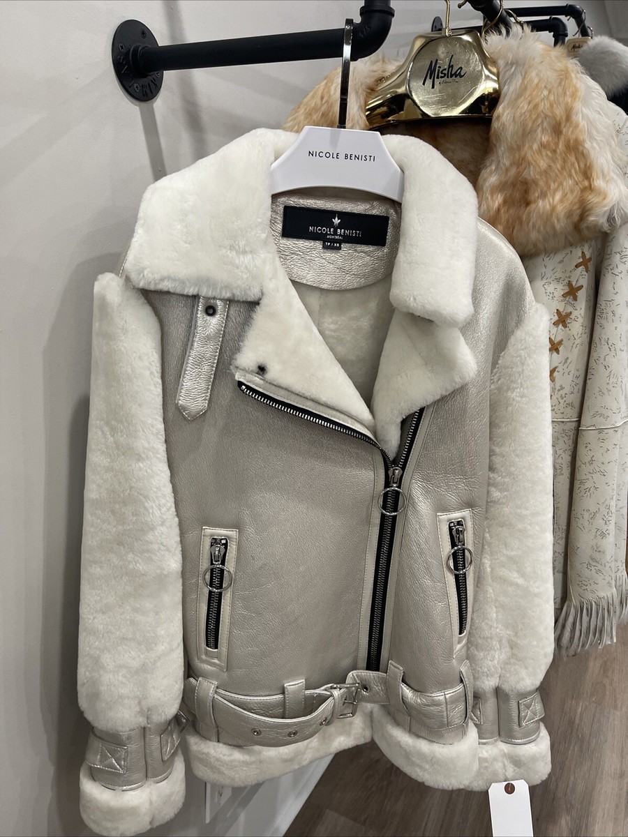 Nicole Benisti White Shearling Fur Metallic Silver Nappa Leather