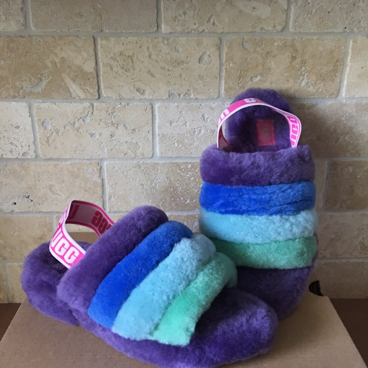 UGG PRIDE RAINBOW FLUFF YEAH SLIDE COLORS STRIPE FUR SLIPPER