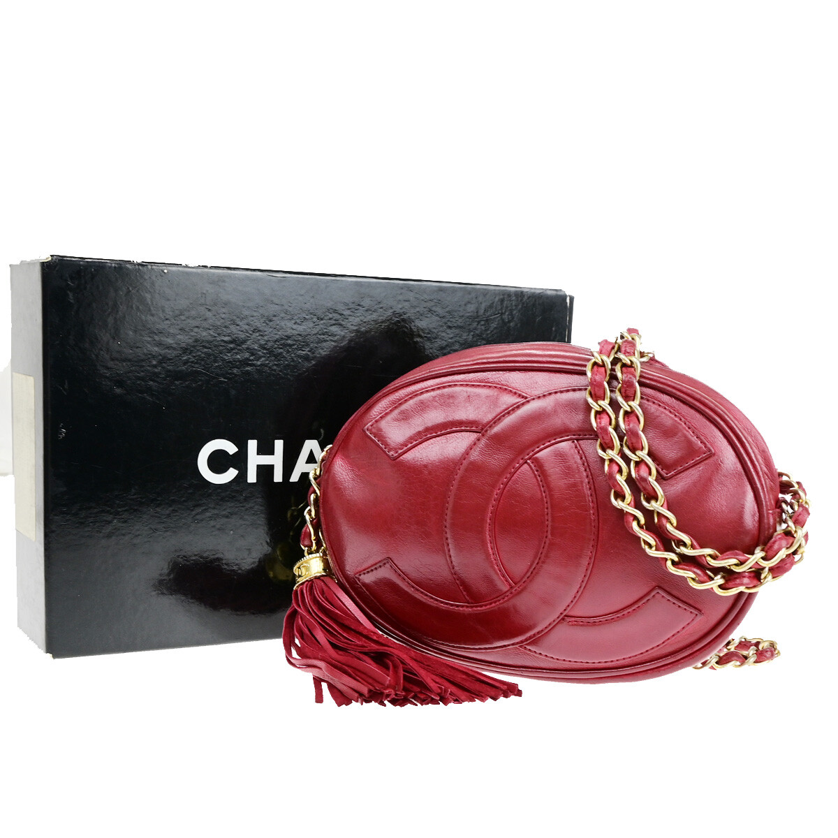 CHANEL CC Mini Tassel Oval Chain Shoulder Bag Leather Red GHW