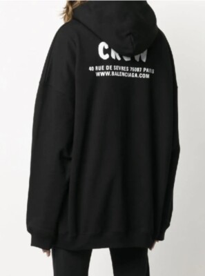 BALENCIAGA CREW OVERSIZE GRAPHIC ZIP HOODIE IN BLACK/ WHITE Sz XS