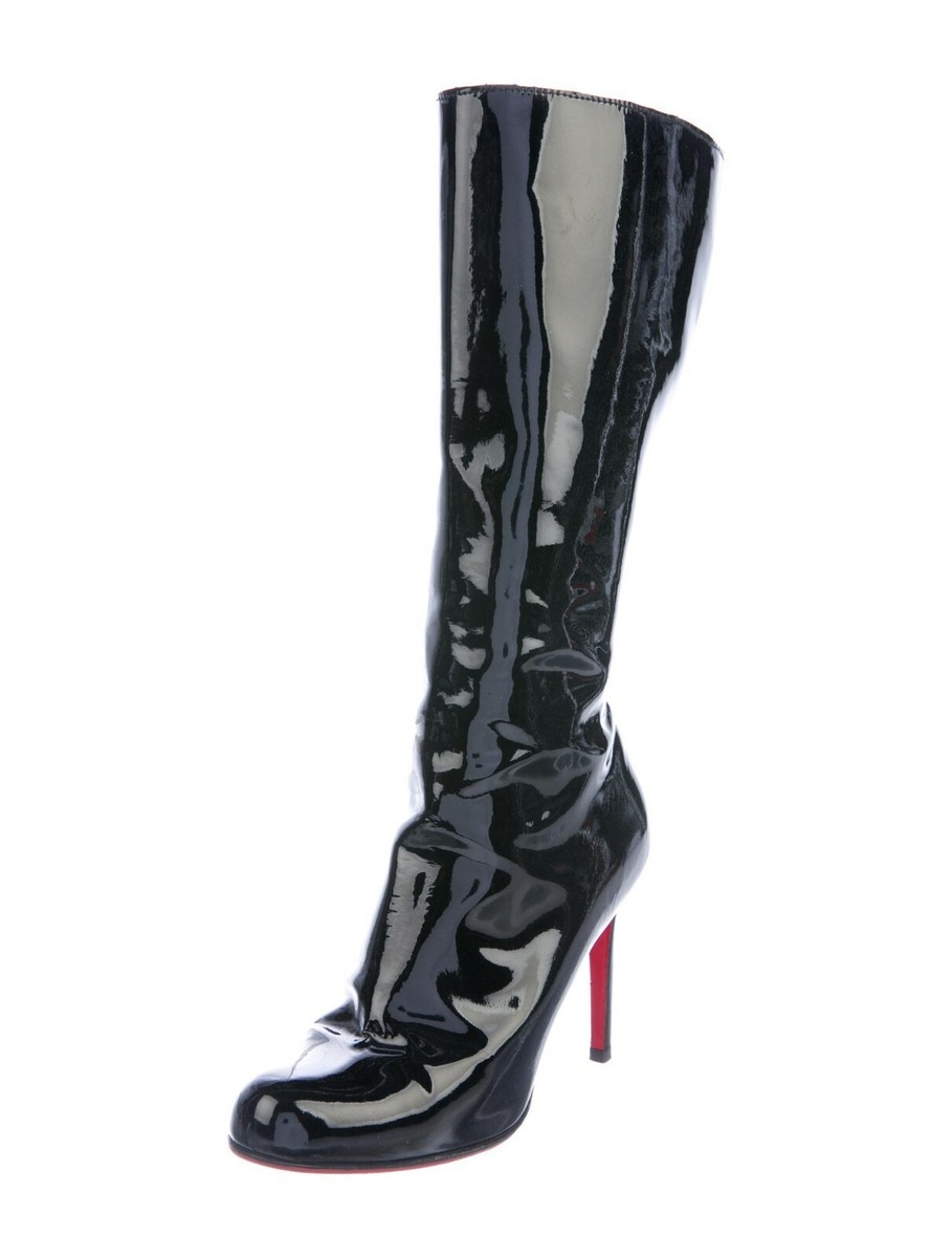 CHRISTIAN LOUBOUTIN Black Patent Leather Round-Toes Lace-Up Boots