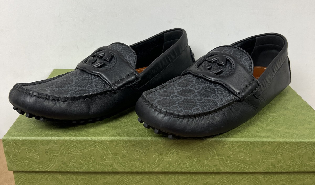 Gucci Square Toe Leather Loafers Black Interlocking G 730148AAB7Z