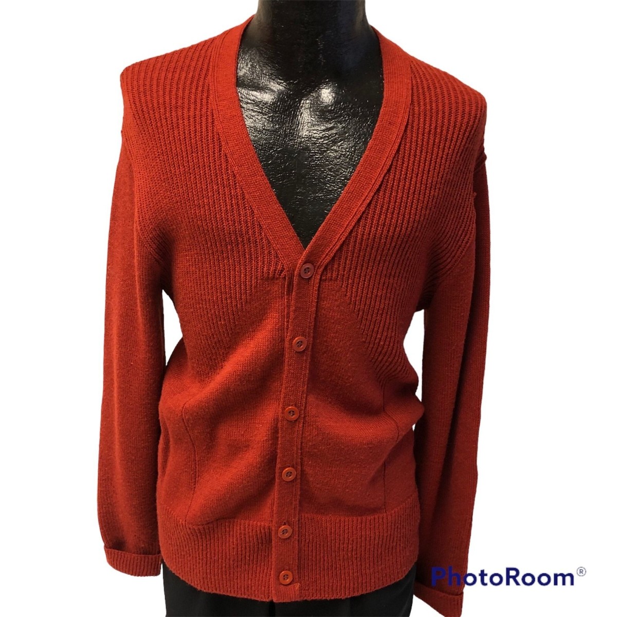 Vtg 60 70's Men MoD KNIT Rust COPPER Cardigan Sweater Retro Button