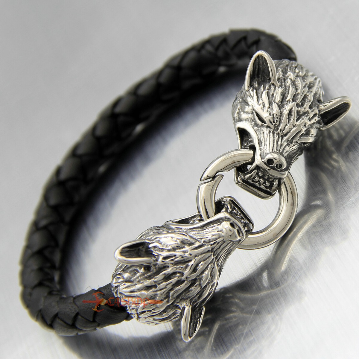 Mens Viking Wolf Head Braided Leather Biker Bracelet Stainless