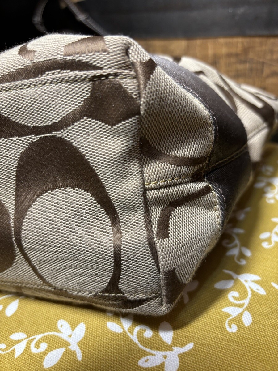 COACH Y2K Signature Canvas W Leather Stripe Tote Bag Purse Brown