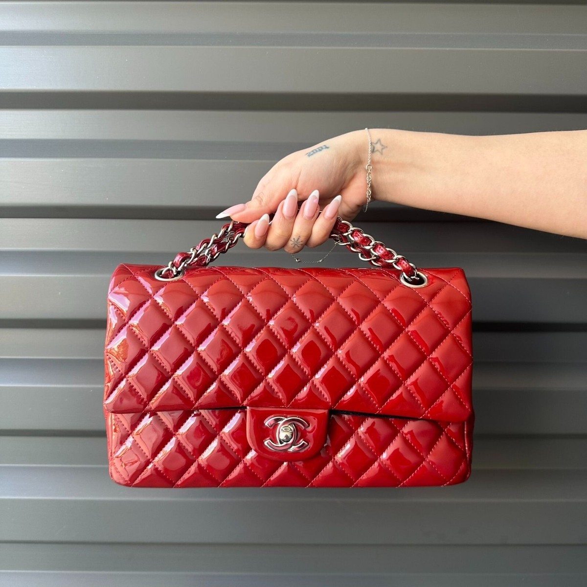 CHANEL Cherry Red Patent Quilted Leather Medium Classic Double