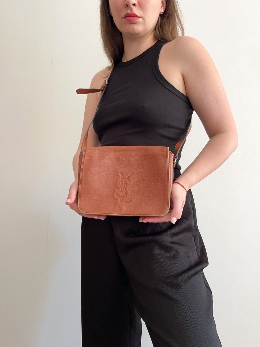 Vintage Yves Saint Laurent Leather Crossbody Bag YSL Logo Tan