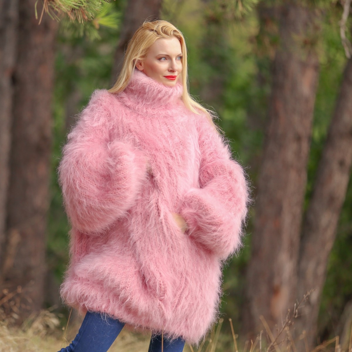 SuperTanya fuzzy pink sweater cable mohair brushed pullover, ready