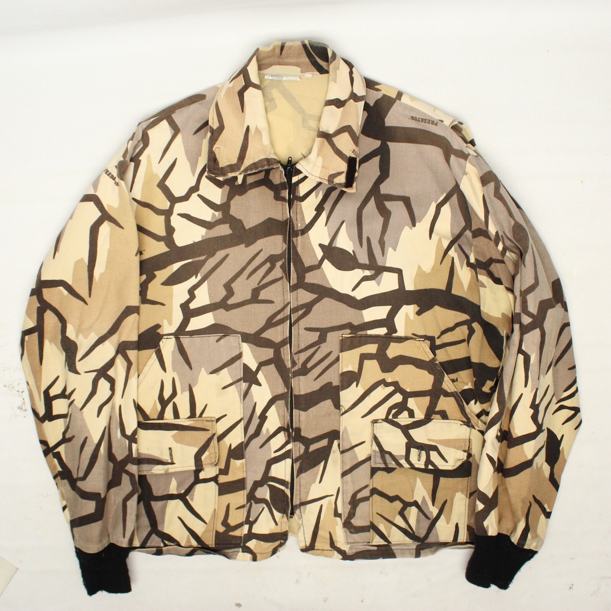 VTG 80s Predator Camouflage Jacket Mens Tan Brown Print Cotton Zip