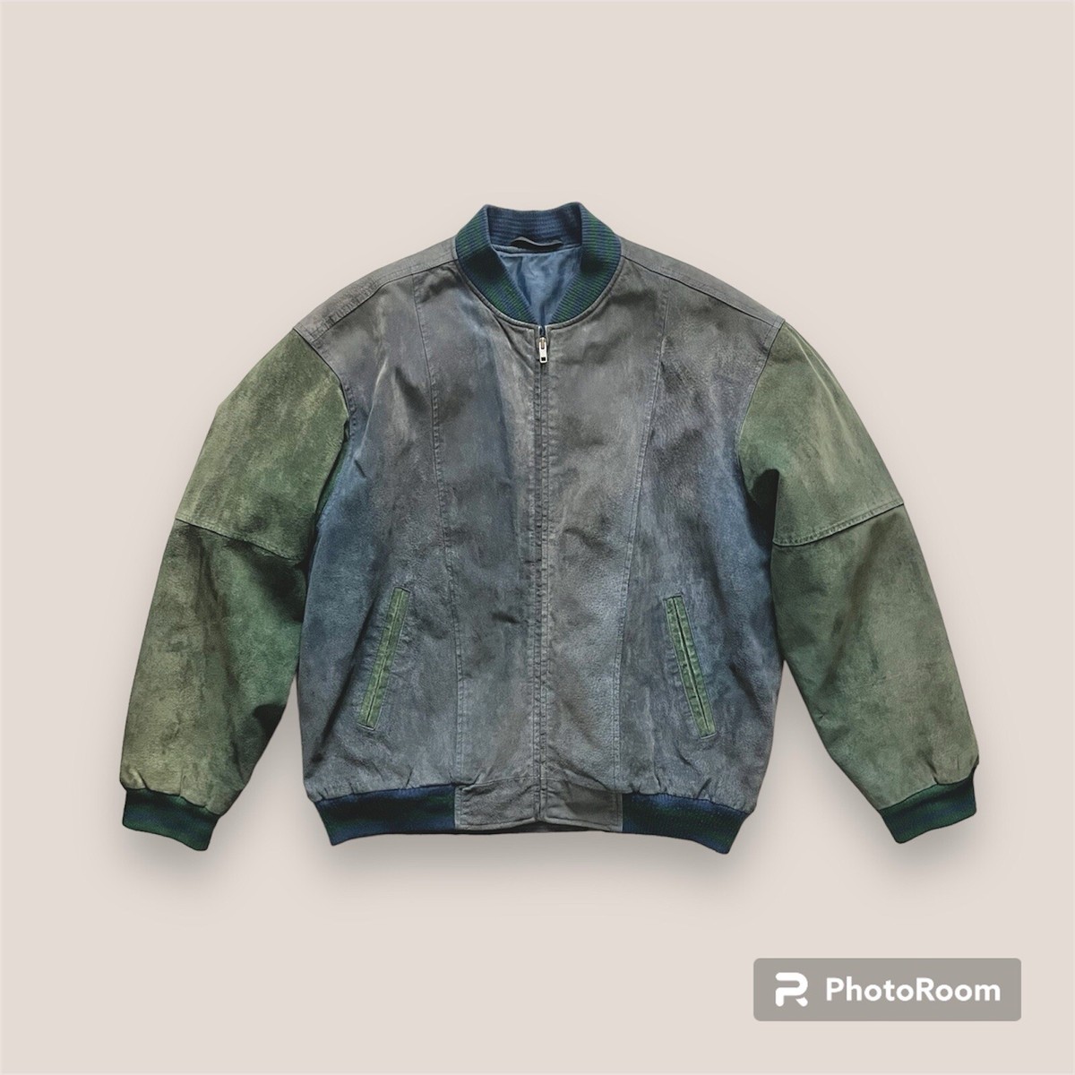 🕶️🛹 Vintage 90s green and blue suede patchwork bomber jacket