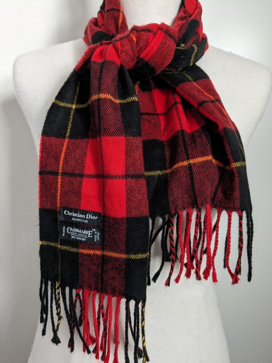 Christian Dior 100% Acrylic Cashmaire TM Tasseled Plaid Red Black