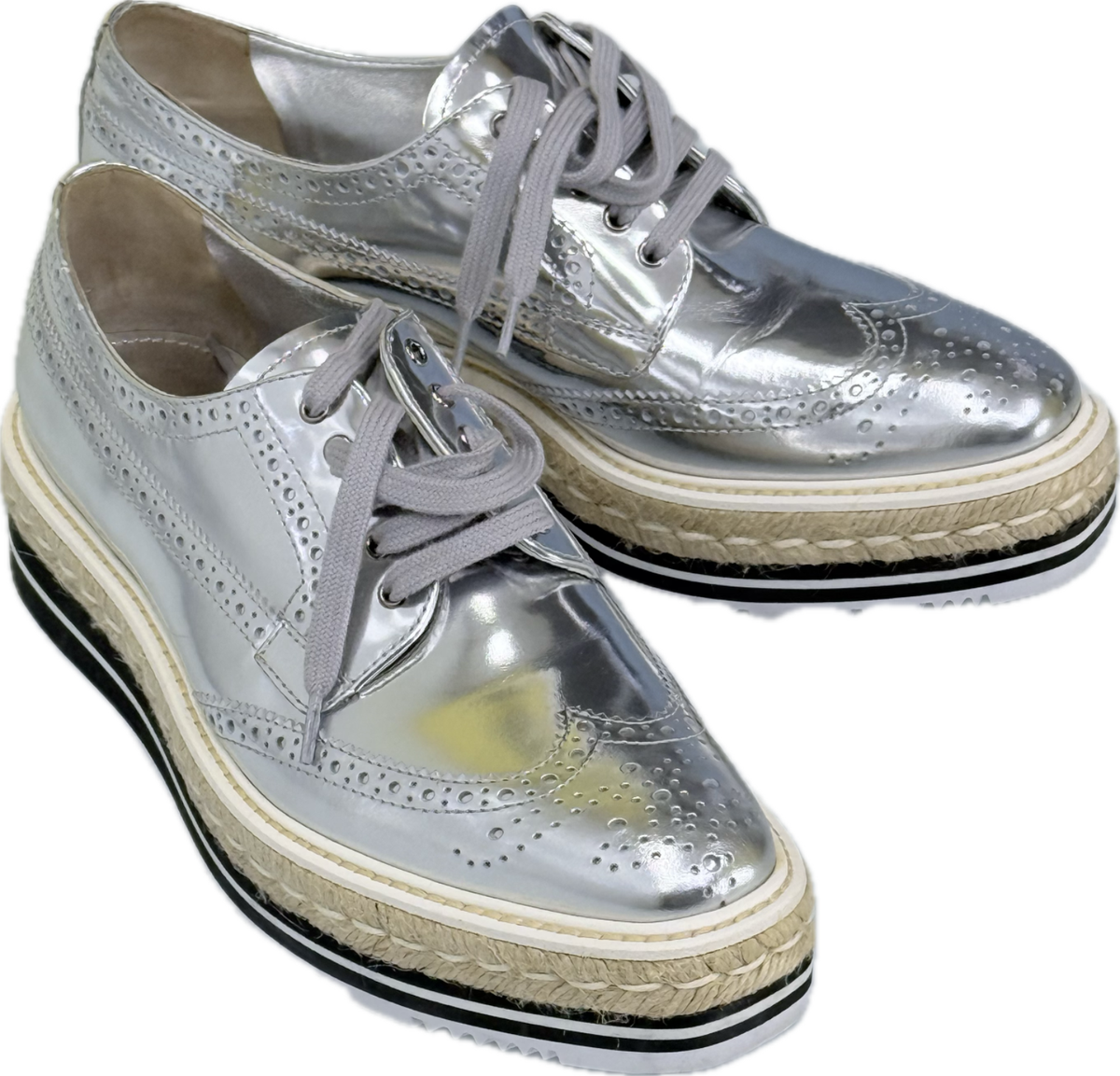 PRADA Silver Leather Lace-Up Derby Shoes 1E722E Size 40