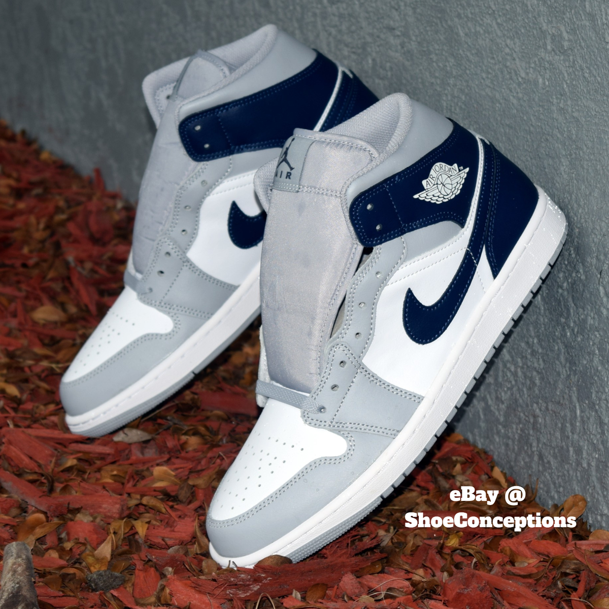 Nike Air Jordan 1 Mid (GS) Shoes White Wolf Gray Midnight Navy