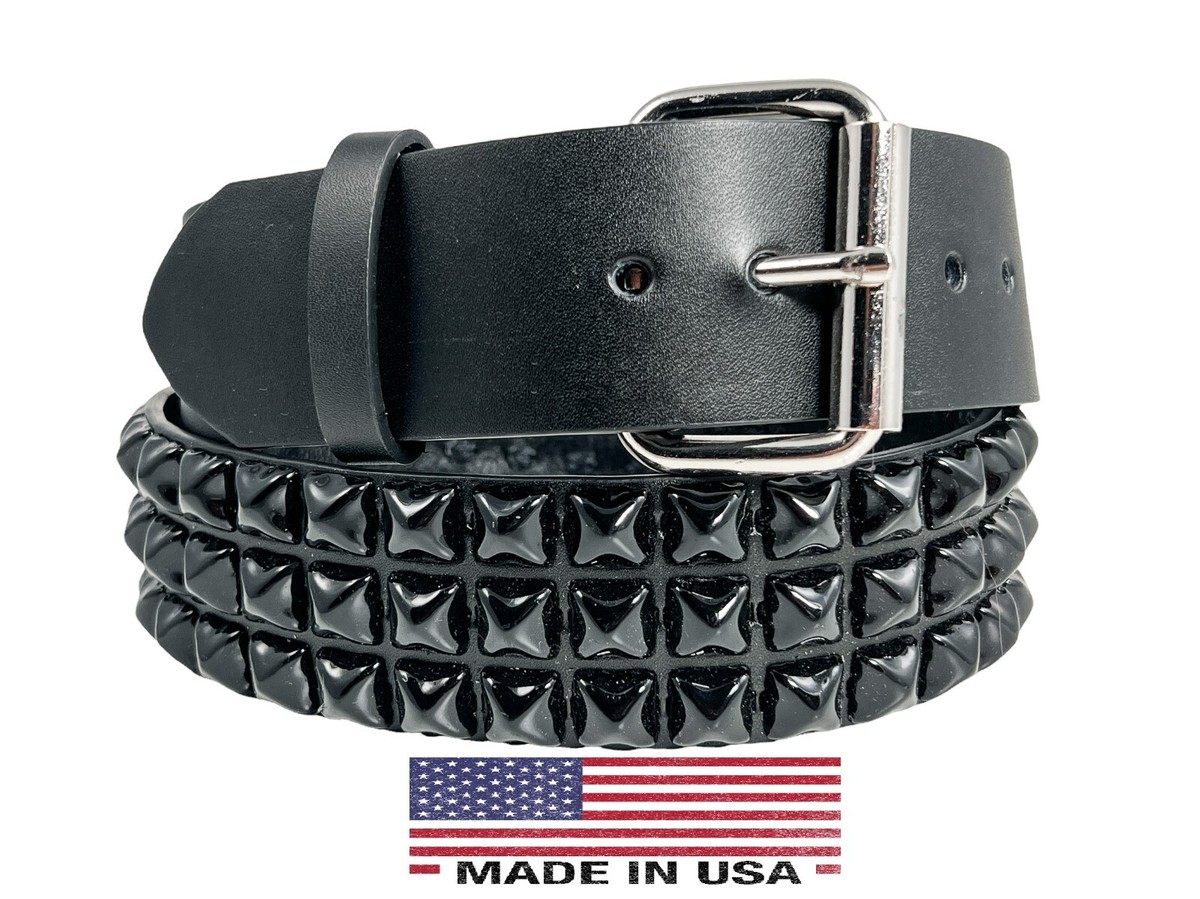 Black Pyramid Stud Belt Genuine Leather Three Row Rock Goth Sid