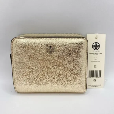NEW/Tag TORY BURCH Gold METALLIC Leather Emerson Mini Wallet +