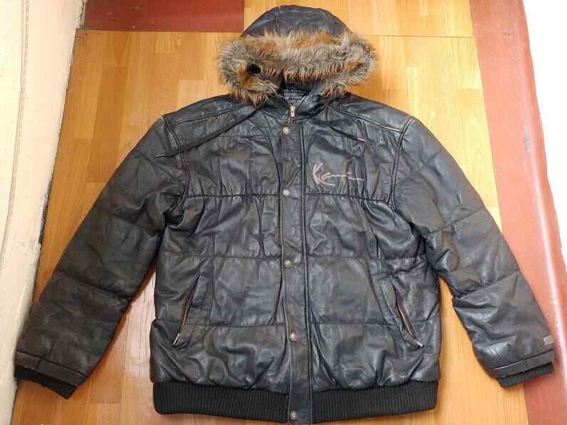 Karl Kani jacket, vintage black genuine leather hip hop parka, 90s