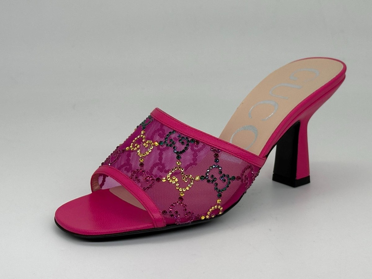 Gucci GG Monogram Demi Rhinestone Crystal Mesh Mules Heels Sandals