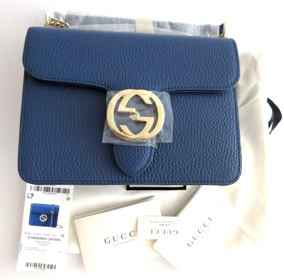 Gucci GG Dollar Calf Blue Interlocking Chain Handbag Leather Bag