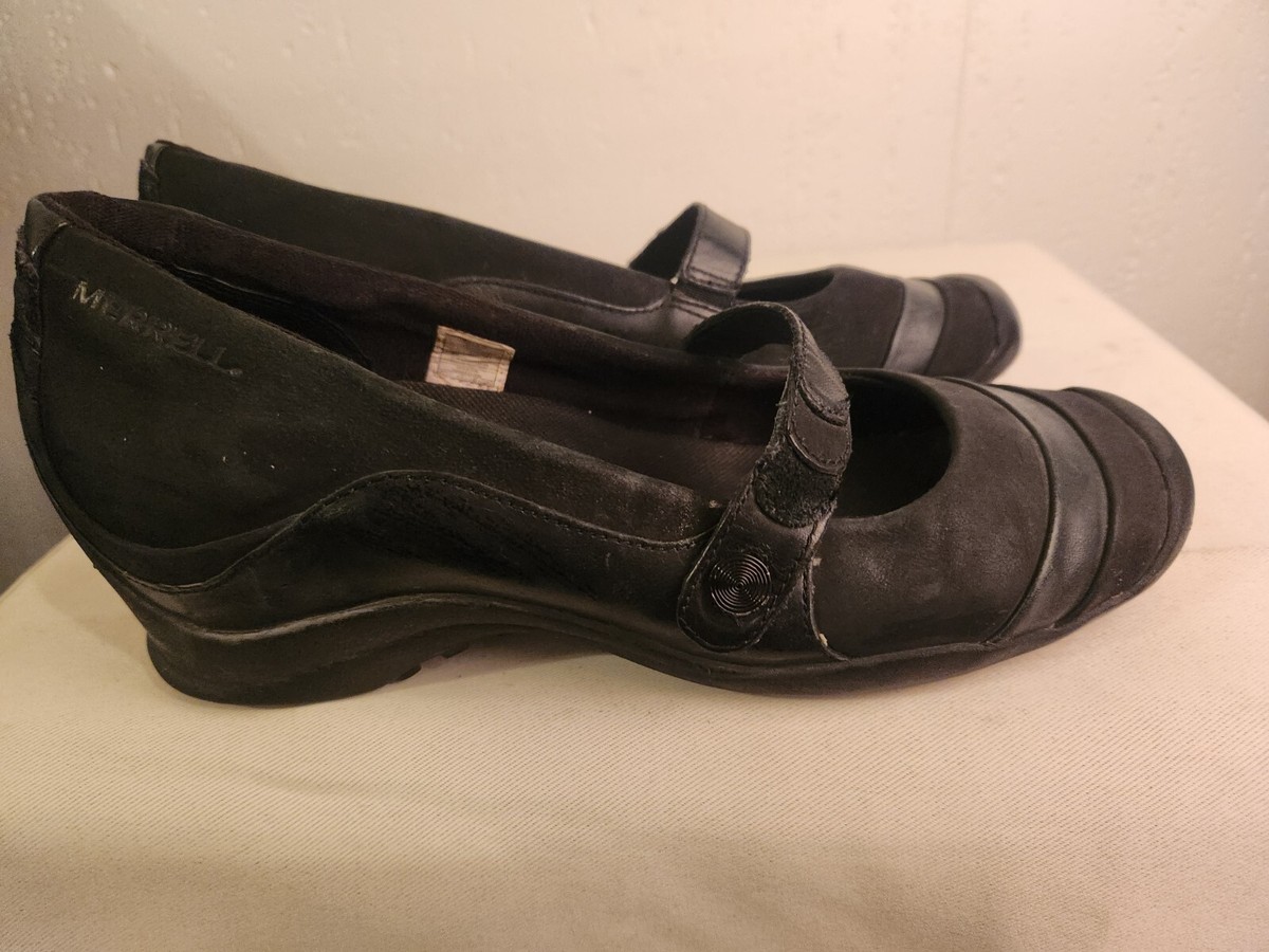 Merrell Womens sz 8 M Black Leather Slip On Maryjane Wedge Comfort