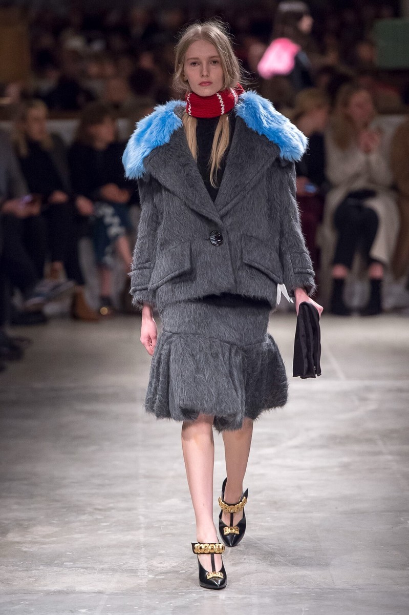 Prada Fall 2017 Brushed Grey Shaggy Alpaca Hair Fluted Midi Skirt