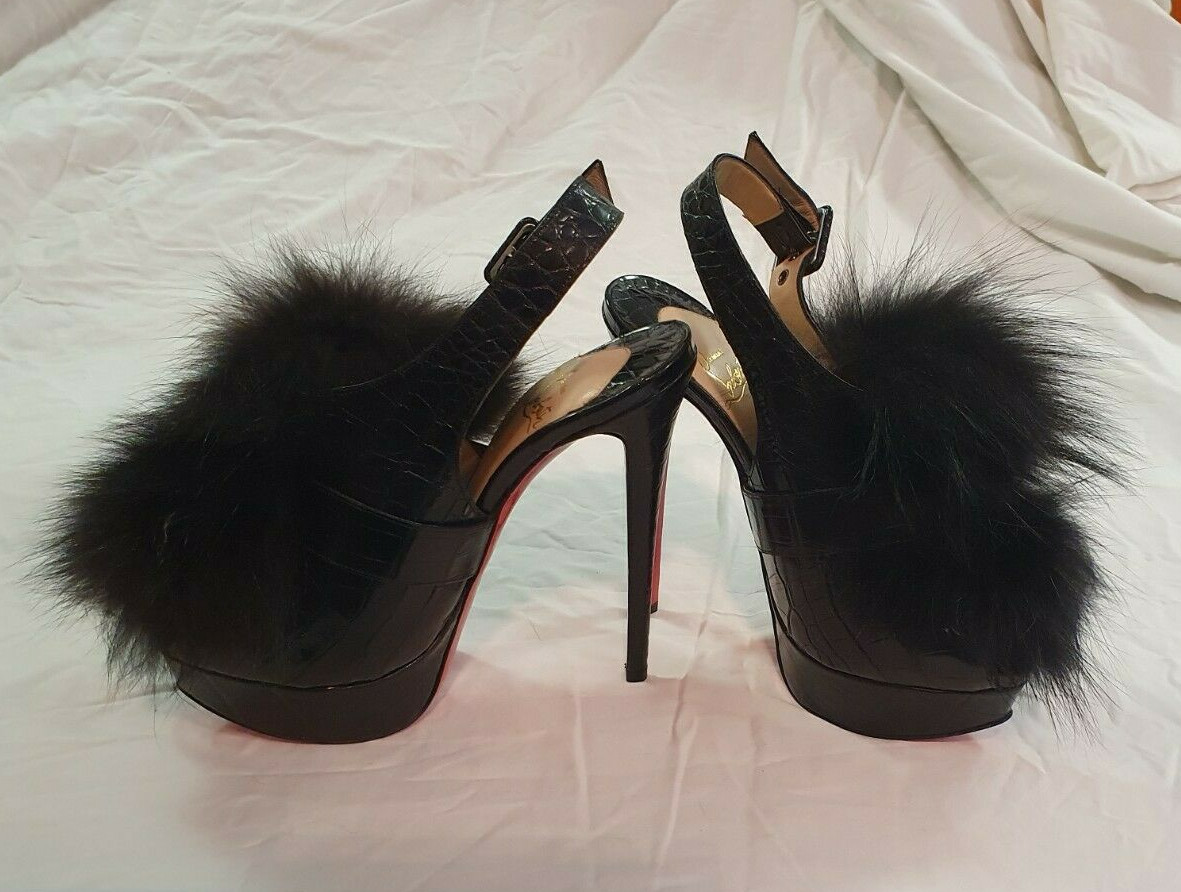 Christian Louboutin 37 New Black Alligator And Fur Slingback