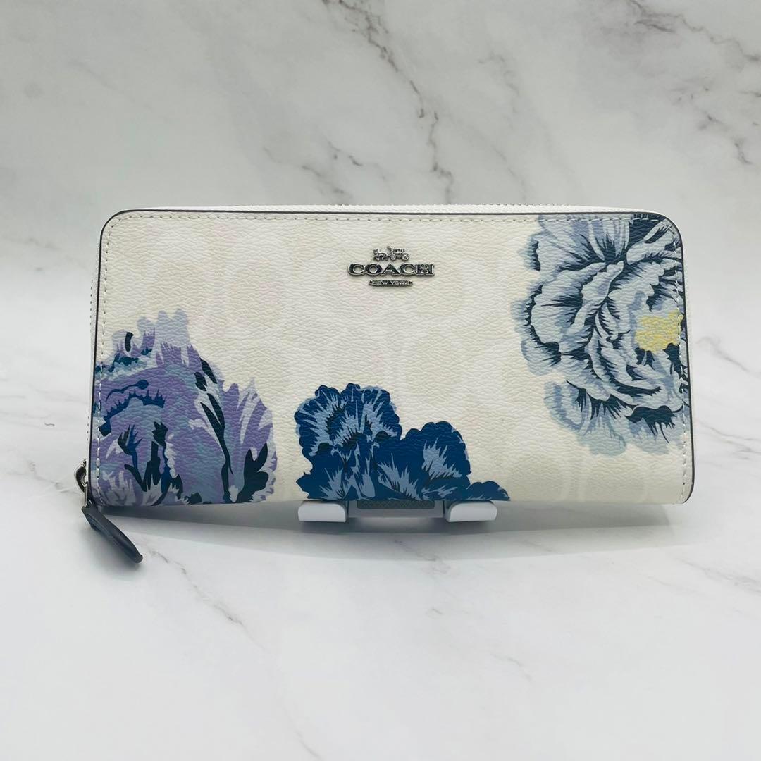 COACH Long zip wallet F6656 Signature White & Blue flowers chalk