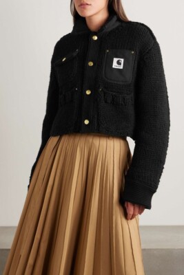 NEW SACAI Carhartt WIP cropped canvas-trimmed ribbed wool-blend