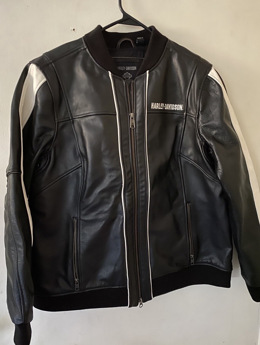 Womens Harley Davidson Piper Bomber Leather Jacket Black White 2XL