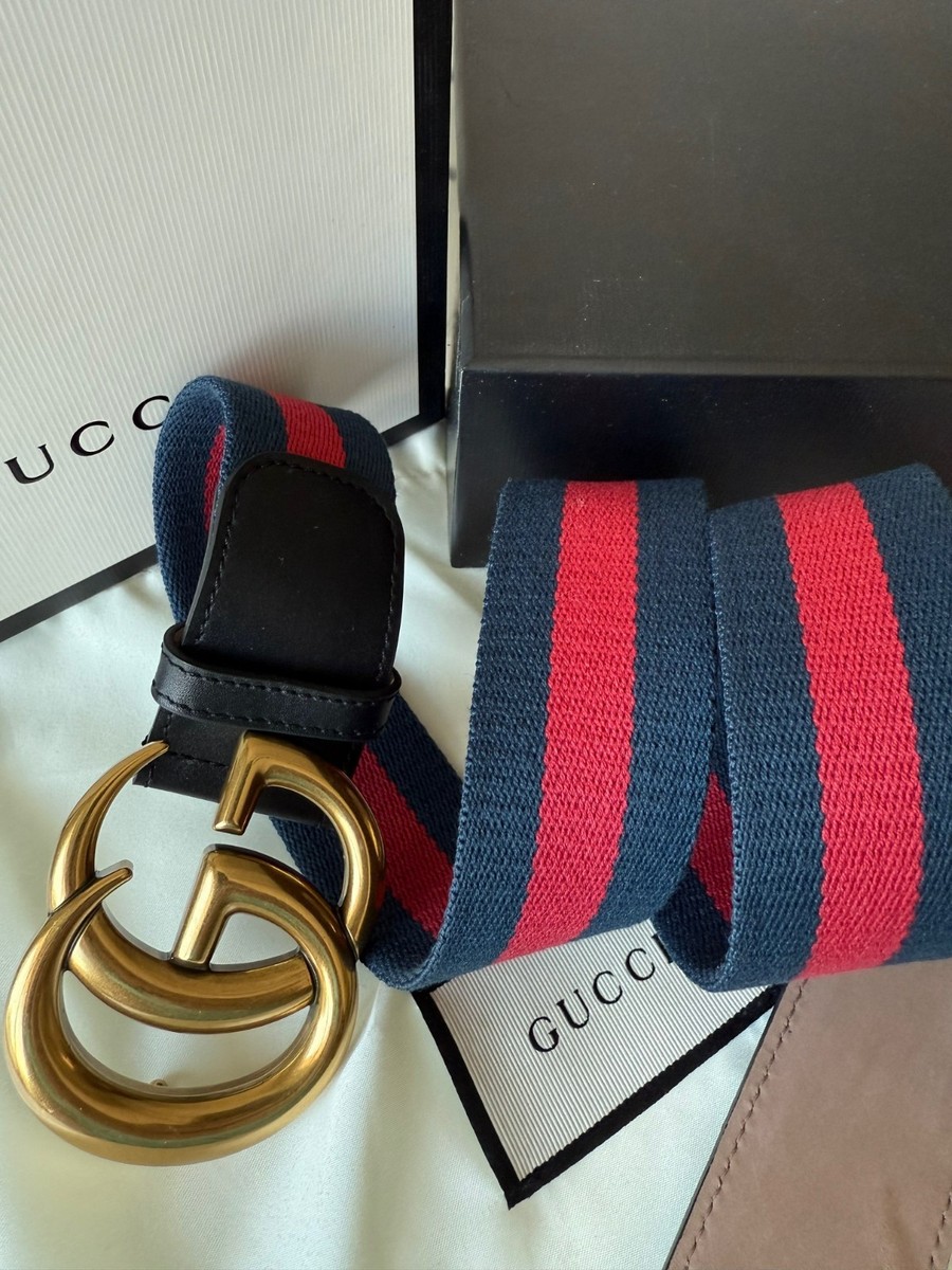 Gucci GG Buckle Marmont Blue Red WEB Leather Black Belt 105 cm