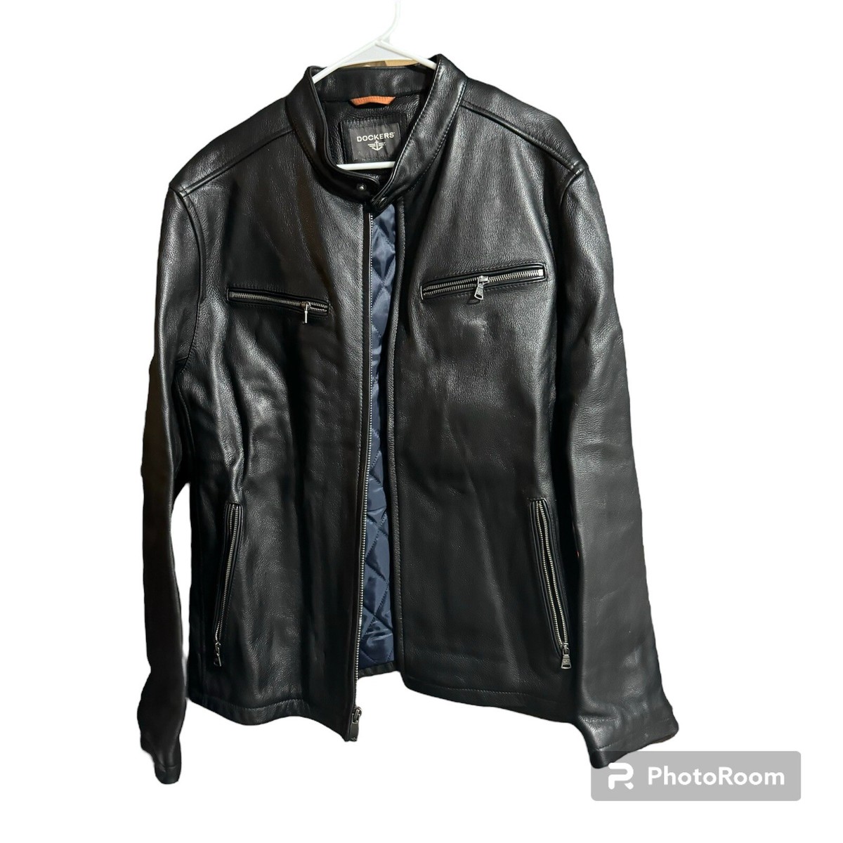 Dockers Black Genuine Leather Racer Biker Jacket Mens Size 2xL Xxl