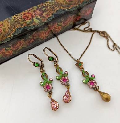 Michal Negrin Set Necklace Earrings Pink Romantic Crystals Enamel