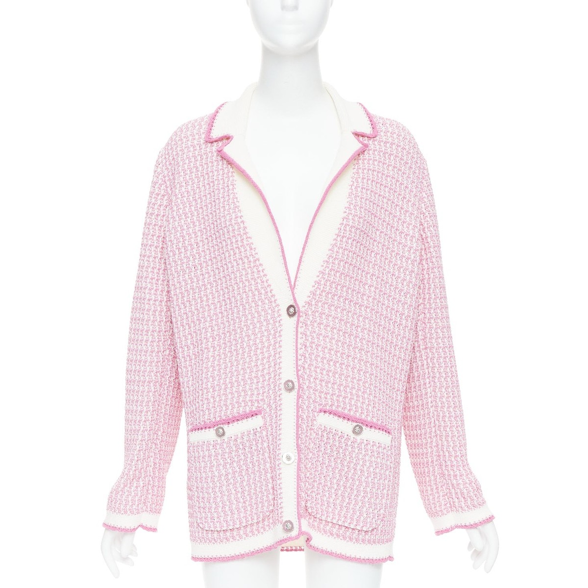 CHANEL 2022 pink white tweed metallic buttons long knit cardigan