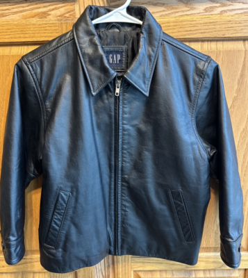 GAP Kids S Black Genuine Leather Jacket Zip Front Lined Coat VTG