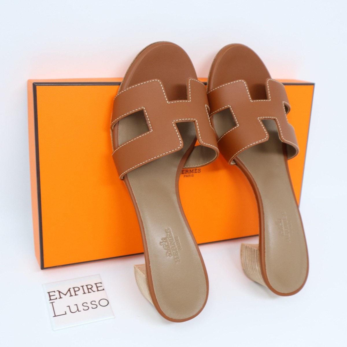 $750 37 HERMES ORAN OASIS H SANDALS HEEL CLASSIC CALFSKIN GOLD